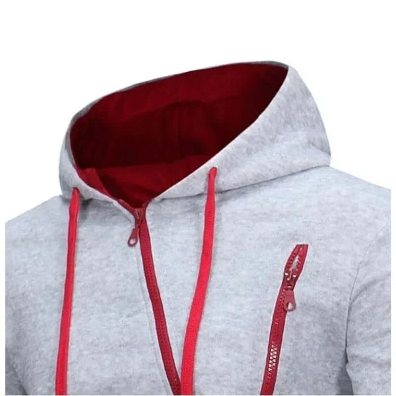 Men’s stylish hooded tracksuit jacket with red accents and zip detail.
