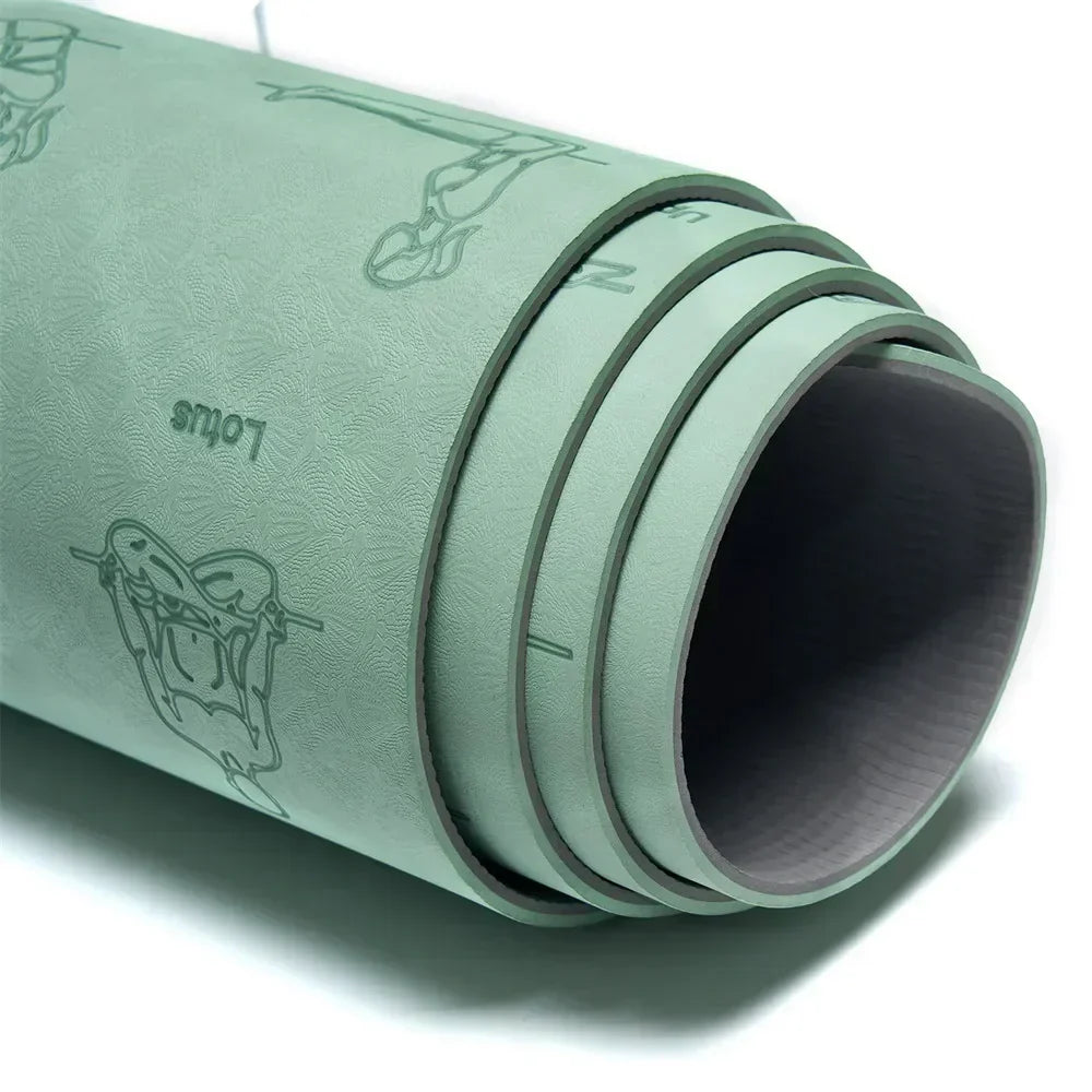 Eco-Friendly TPE yoga and fitness mat with non-slip surface, rolled up, green color.