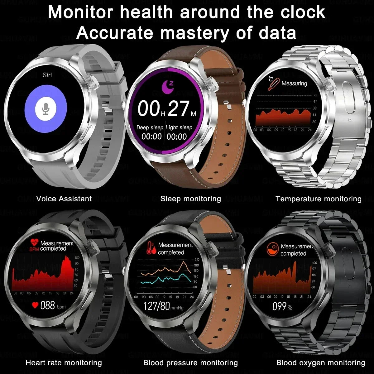 UltraFit Pro 2024 Men's Smartwatch with health monitoring displays and voice assistant features.