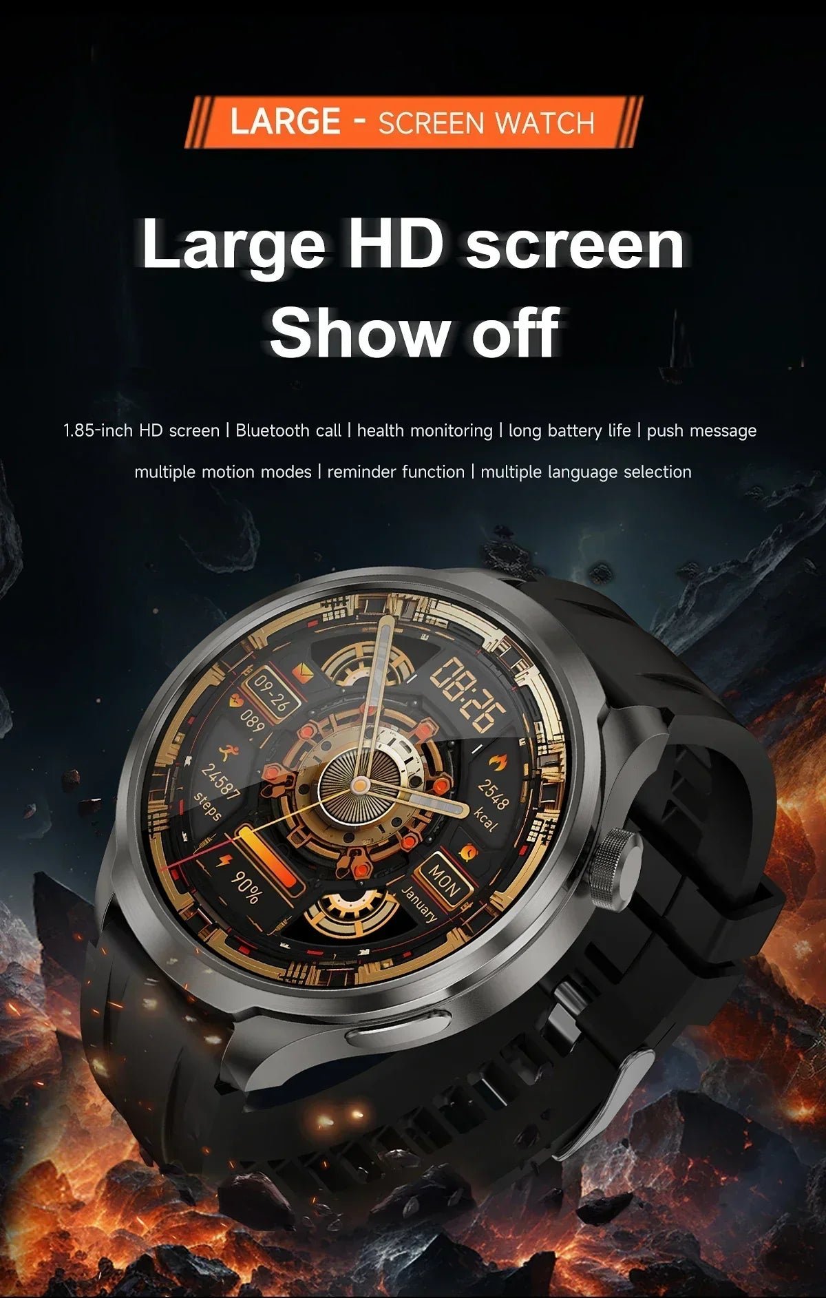 UltraFit Pro 2024 Men's Smartwatch with NFC, health monitoring, and large AMOLED display.