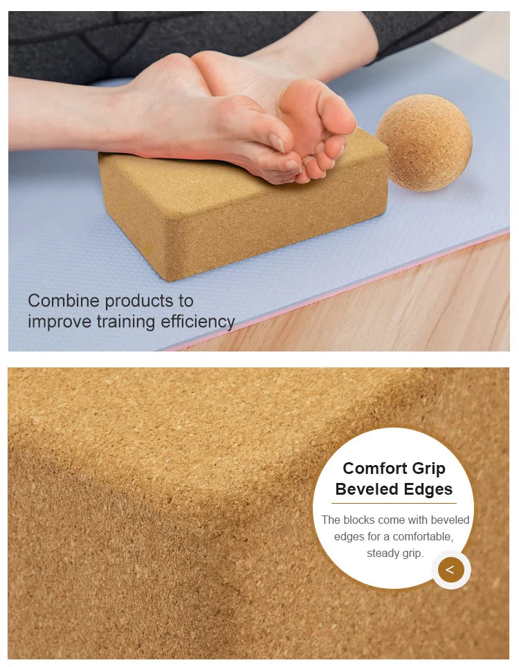 Eco-friendly massage ball and cork yoga block set with comfort grip beveled edges.
