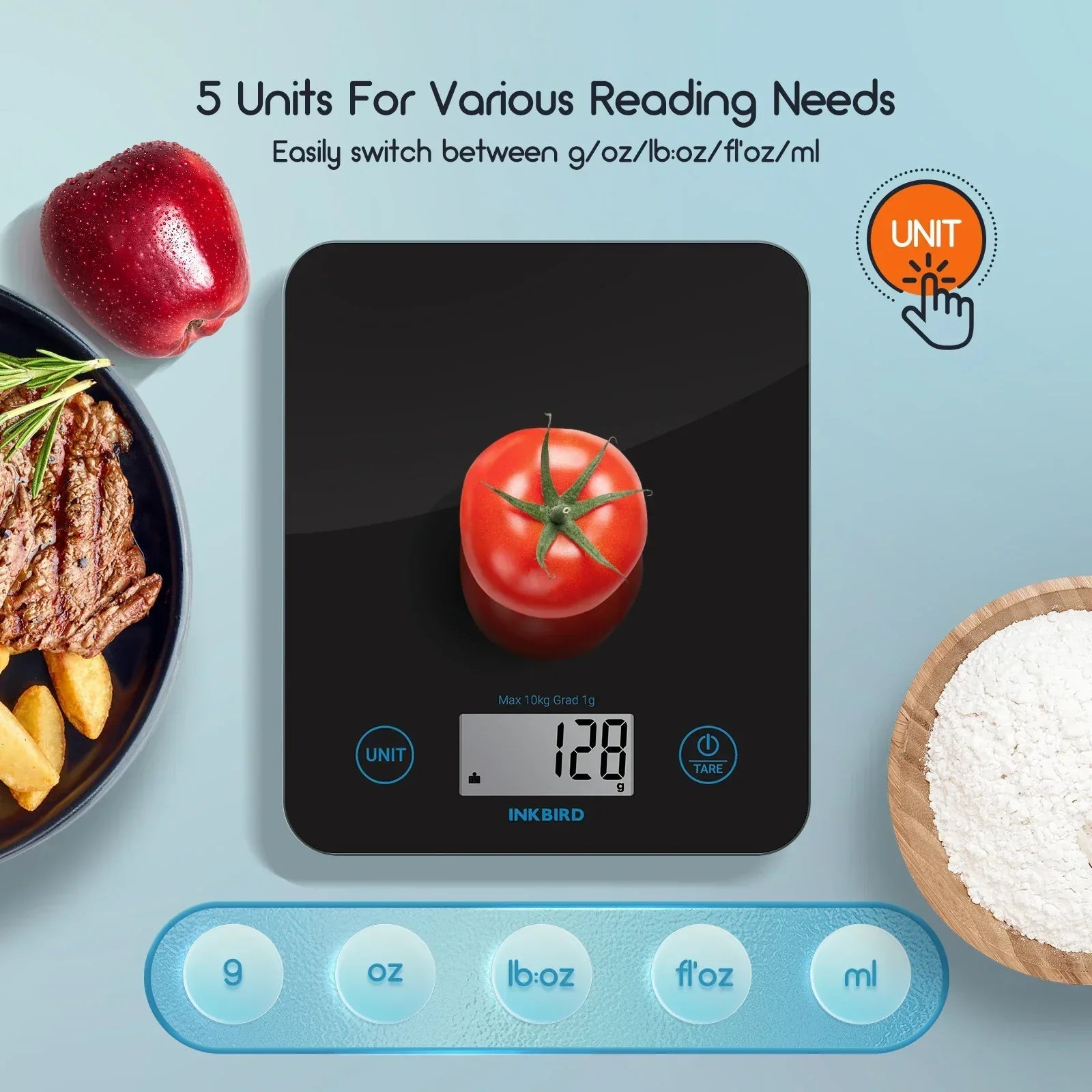 INKBIRD Smart Food Scale with digital display, tomato on scale, surrounded by food items.