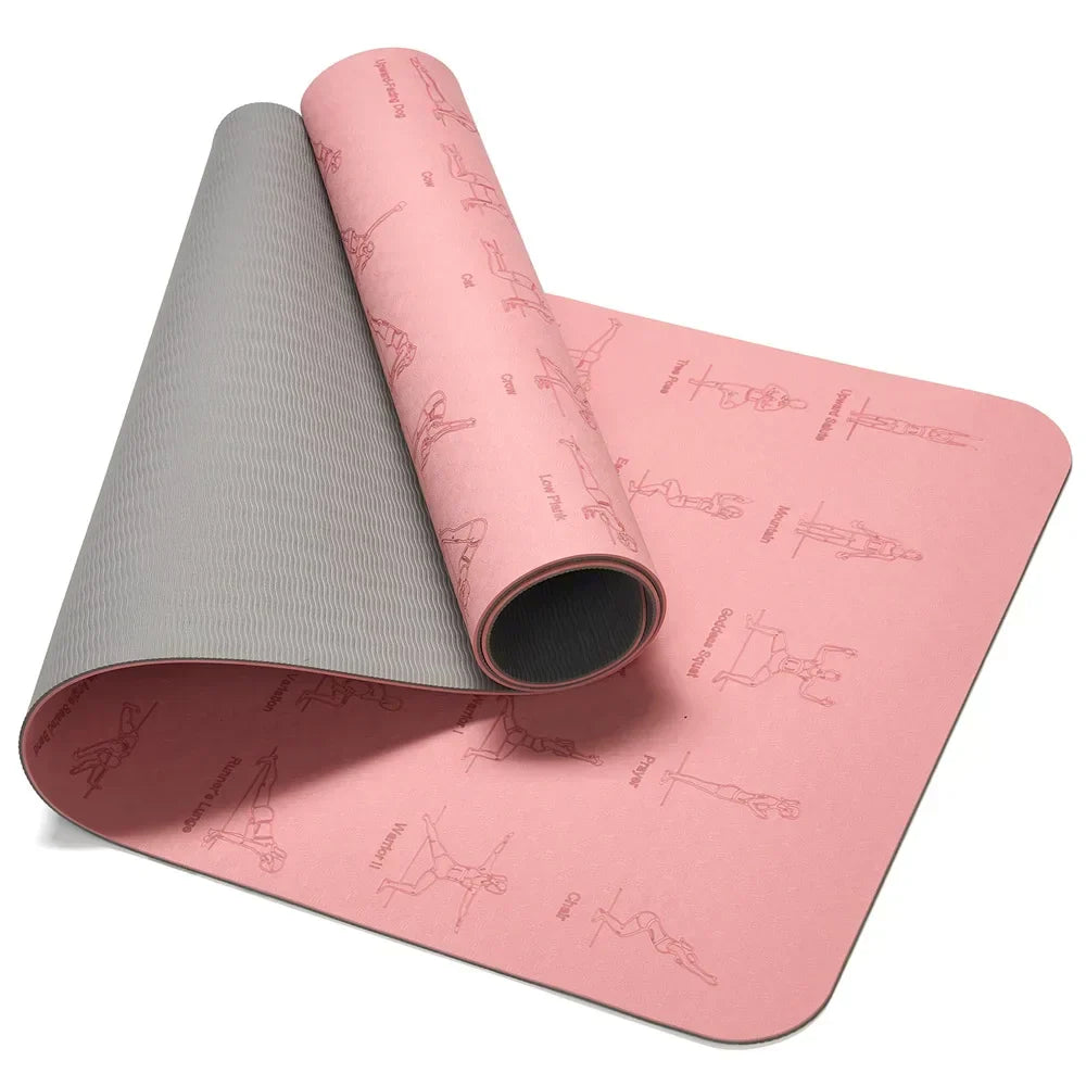 Eco-friendly TPE yoga mat with dual-color design, non-slip surface, and fitness poses illustrations.