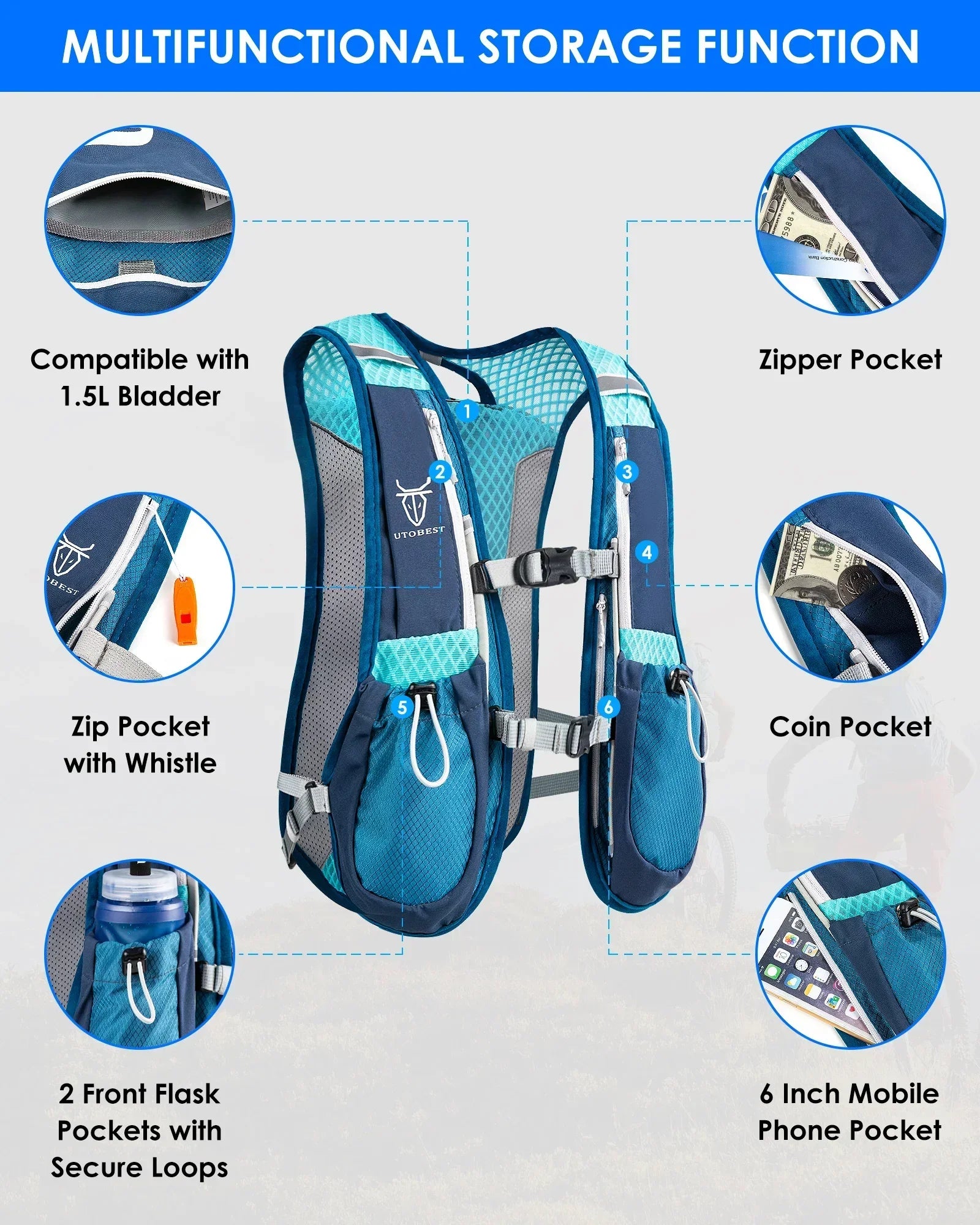 UTOBEST Ultra Lightweight Trail Running Hydration Vest with 5L backpack, 1.5L bladder, and multiple storage options.