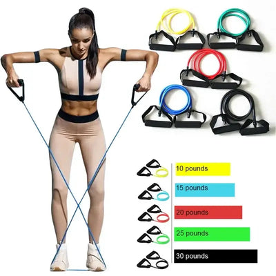 Set of 5 elastic resistance bands with handles in multiple colors and varying resistance levels from 8 to 30 pounds for home gym workouts.