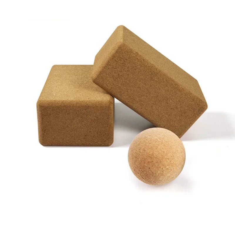 Eco-friendly massage ball and cork yoga block set, 3-piece for muscle recovery and flexibility.