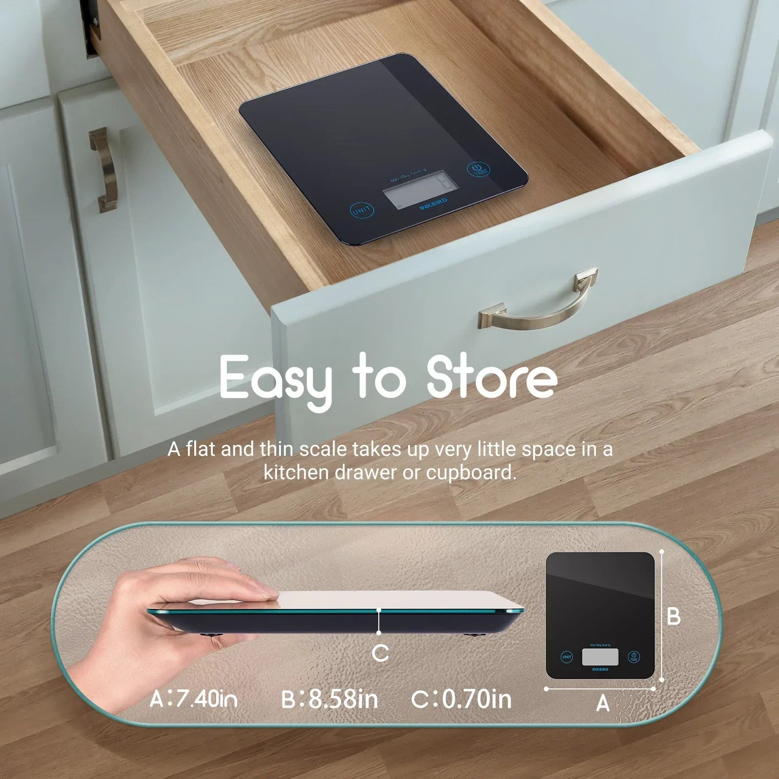 InkBird Smart Food Scale in kitchen drawer, sleek design, easy storage.