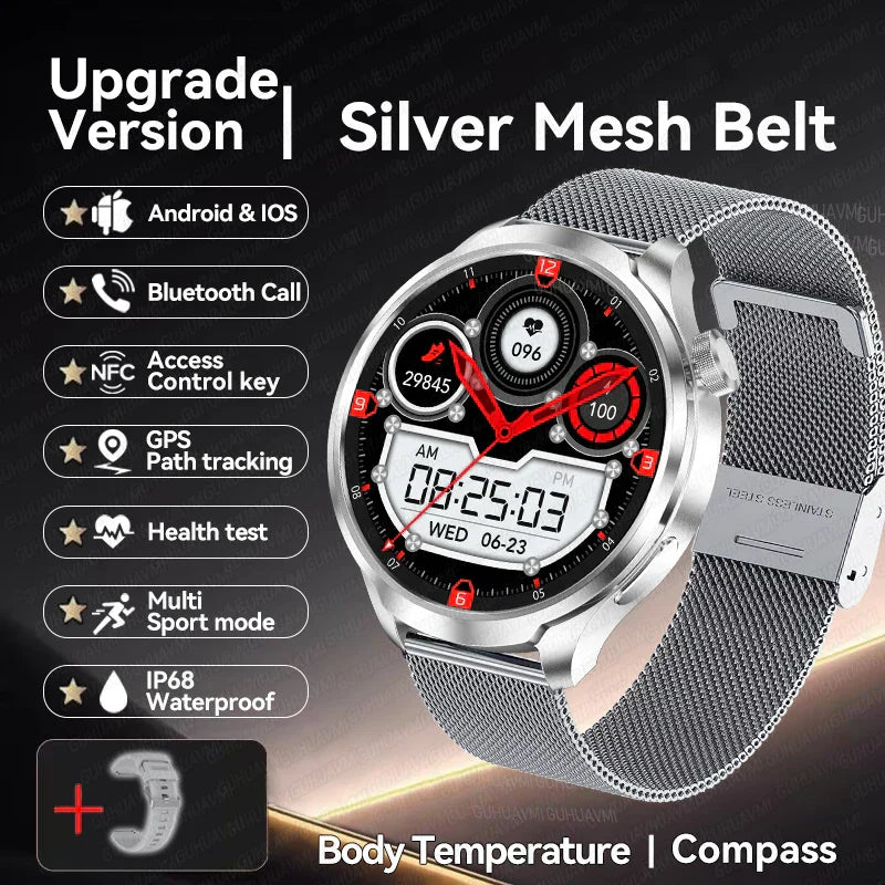UltraFit Pro 2024 Men's Smartwatch with silver mesh belt, featuring AMOLED display, NFC, GPS, and health monitoring.