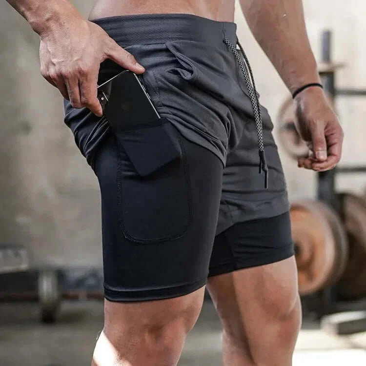Men's camo 2-in-1 running shorts, quick-dry gym and workout gear with functional pockets, shown in use.
