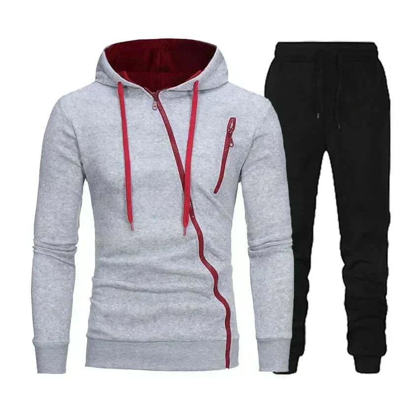 Men's stylish hooded tracksuit in grey and black, 2-piece fall/winter set.