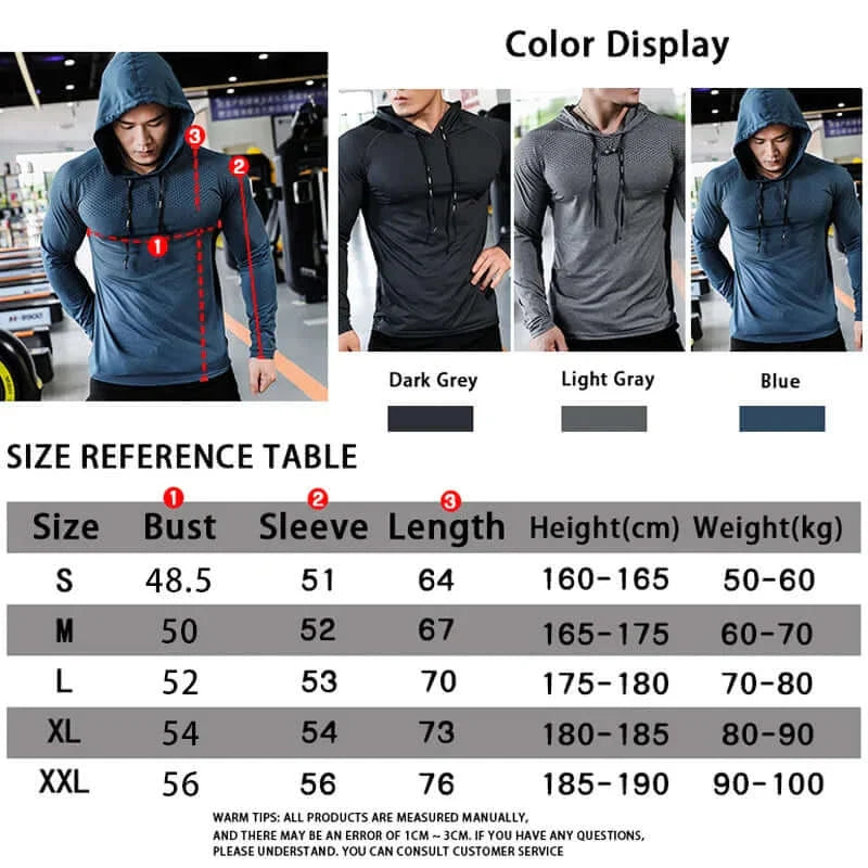 Men's fitness tracksuit with hoodie and joggers, size chart, colors dark grey, light gray, blue.