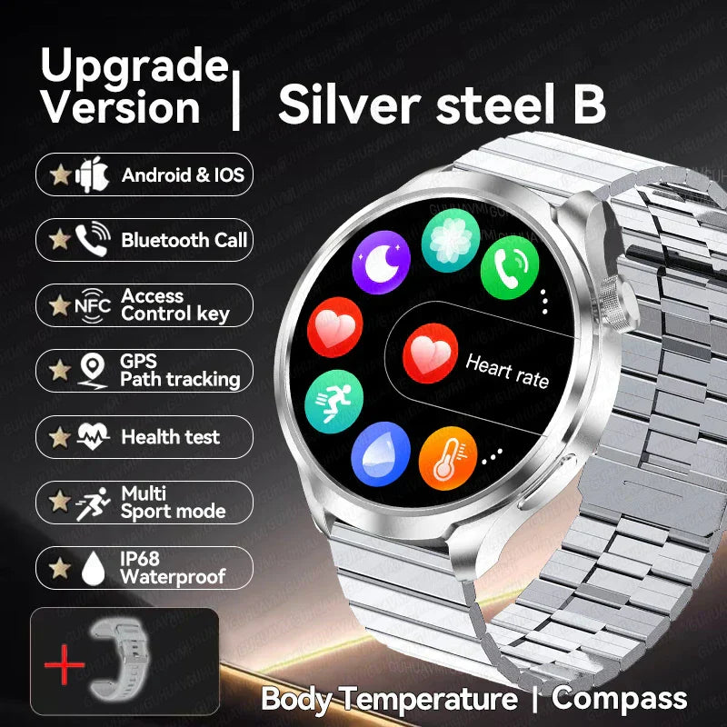 Silver steel UltraFit Pro 2024 men's smartwatch with AMOLED display, NFC, GPS, and health monitoring features.