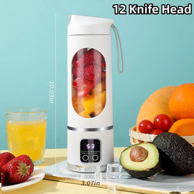 Portable 10-Blade USB Blender with fruit ingredients nearby for healthy smoothies and shakes.