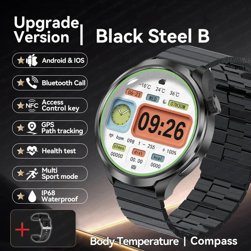 UltraFit Pro 2024 Men's Smartwatch with NFC, health monitoring, and stylish black steel design.
