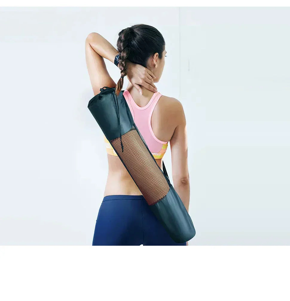 WESTTUNE Yoga Mat in carrying case, woman holding yoga mat, eco-friendly non-slip fitness accessory.