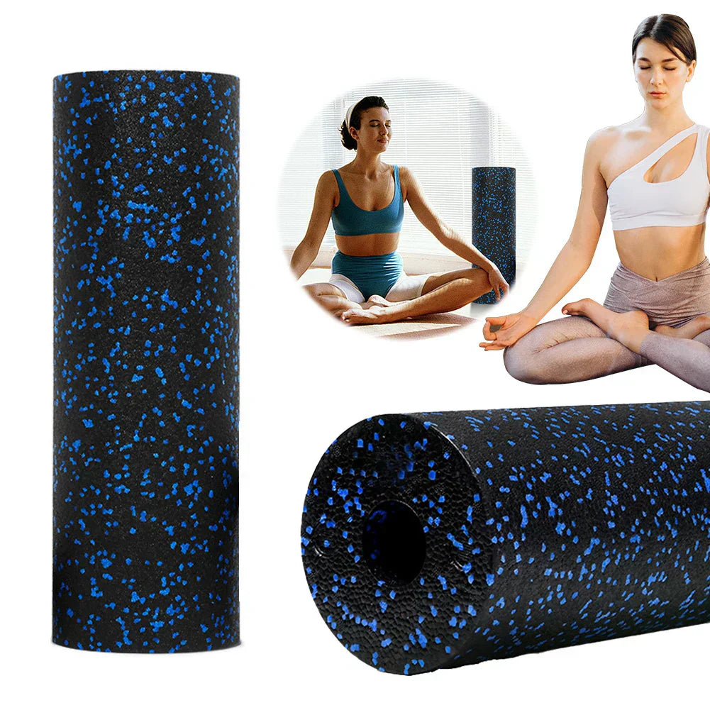EPP foam roller for muscle massage and yoga in black with blue speckles, ideal for fitness and pain relief.
