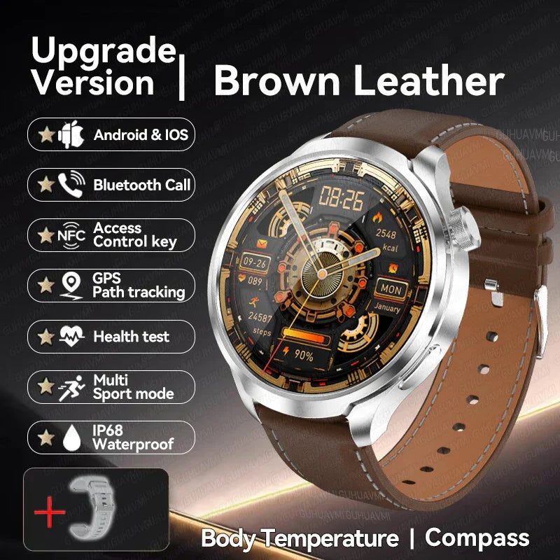 UltraFit Pro 2024 Men's Smartwatch, brown leather, AMOLED display, NFC, GPS tracking, health monitoring, Android & iOS compatible.