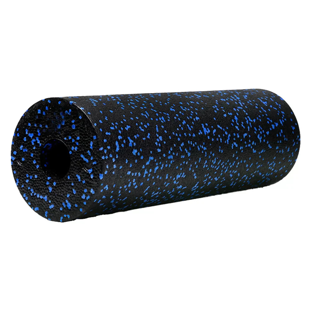 EPP Foam Roller for muscle massage and yoga, black with blue speckles.
