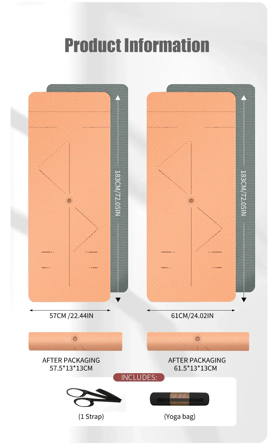WESTTUNE Yoga Mat dimensions and packaging details with included strap and yoga bag.