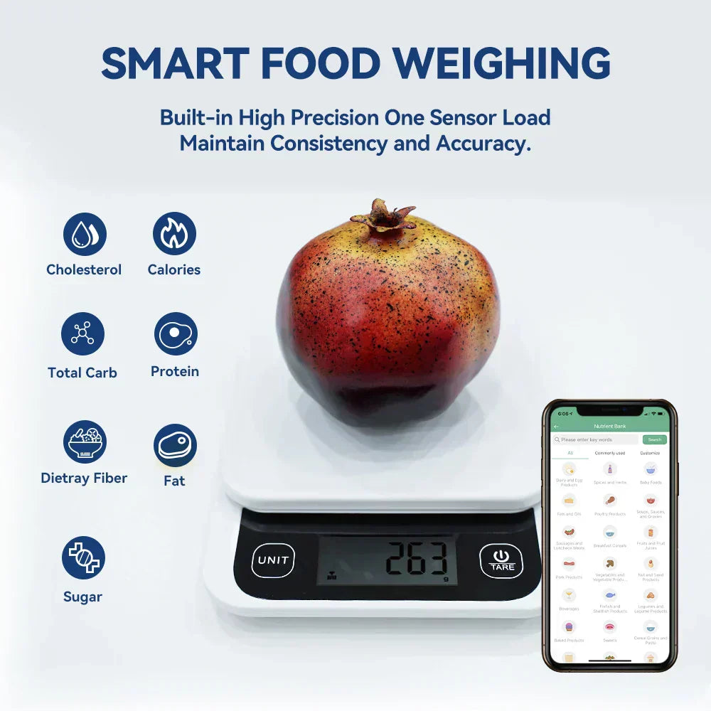 Smart nutrition scale with pomegranate, digital display, and app for food calorie tracking.