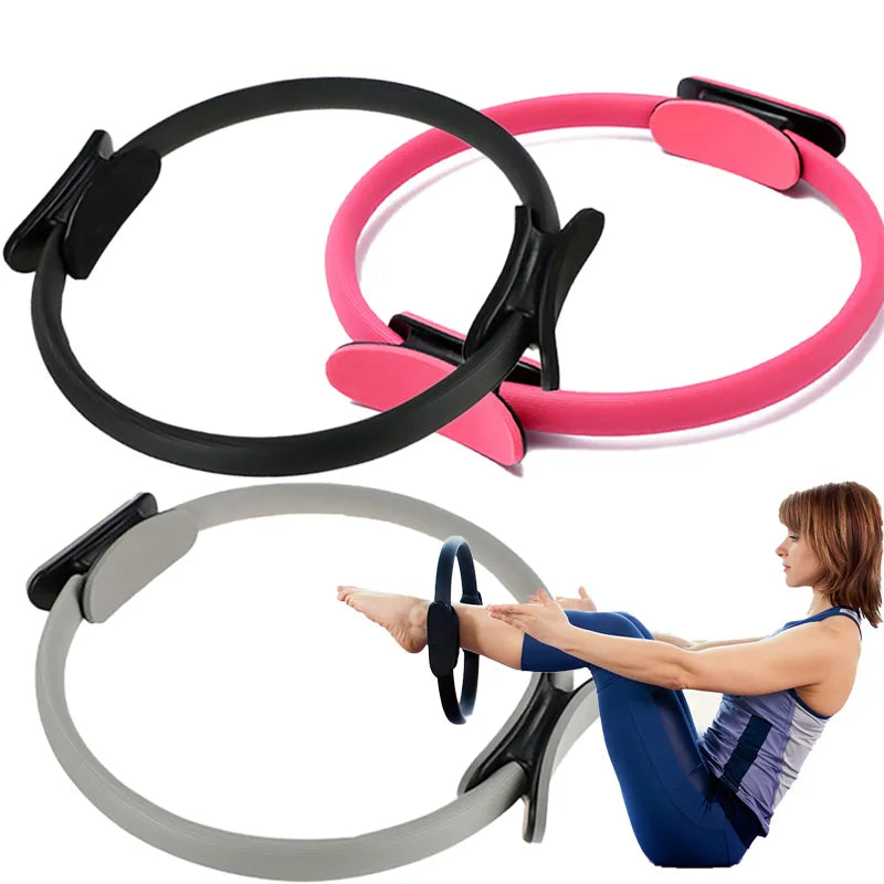 MagicFit Pilates & Yoga Toning Ring set in black, pink, and gray for flexibility, strength, and muscle tone enhancement.