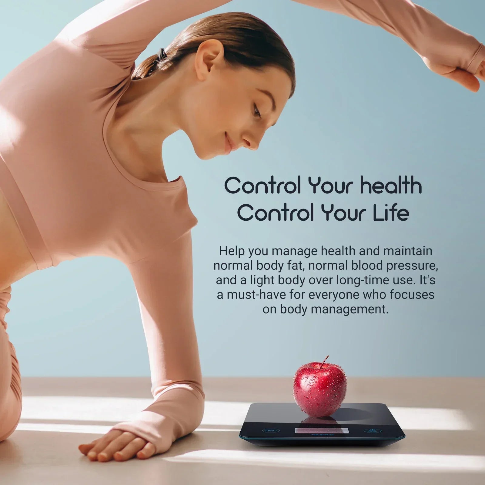 InkBird Smart Food Scale with Apple and Health Tips Displayed