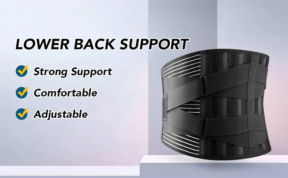 Orthopedic lumbar support brace with 6 stabilizing stays for strong, comfortable, adjustable lower back support.