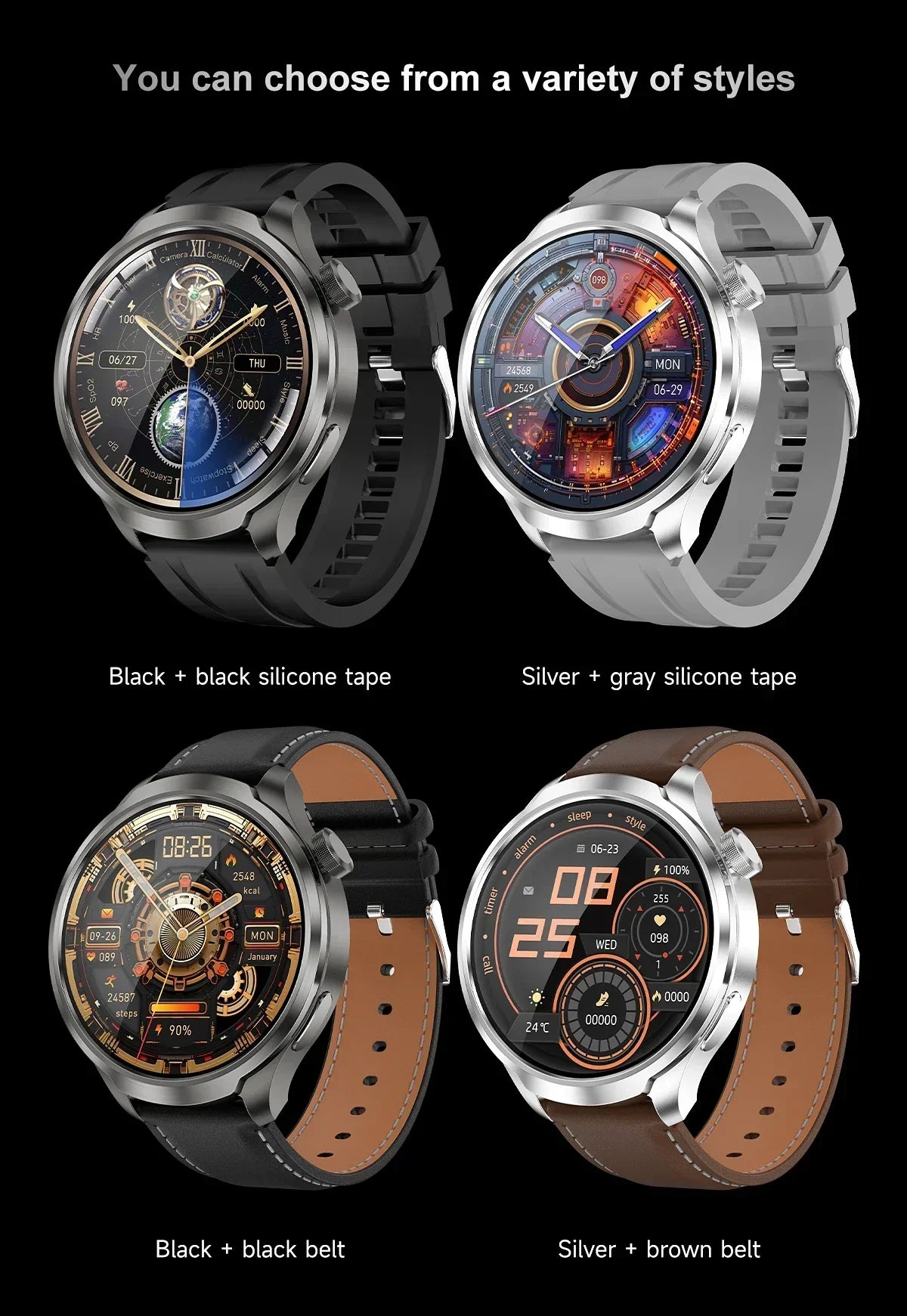UltraFit Pro 2024 Men's Smartwatch in various styles and colors, featuring an AMOLED display and advanced health monitoring.