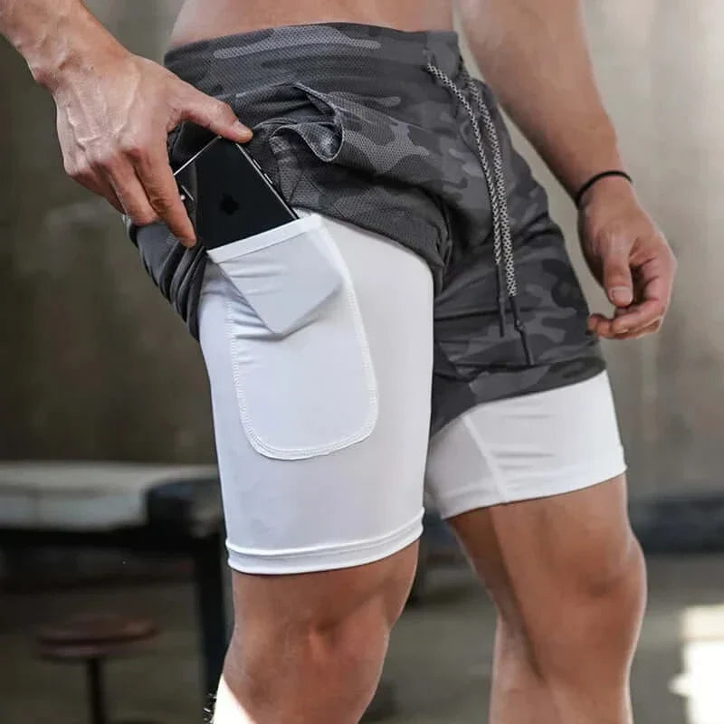 Men's camo 2-in-1 running shorts with quick-dry fabric and functional pockets.