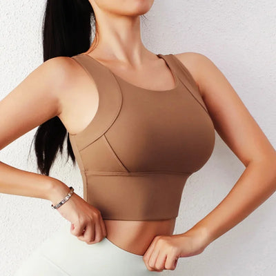 ComfortFlex Elite™ High-Impact Sports Bra, brown color, ergonomic design, wide straps, full coverage.