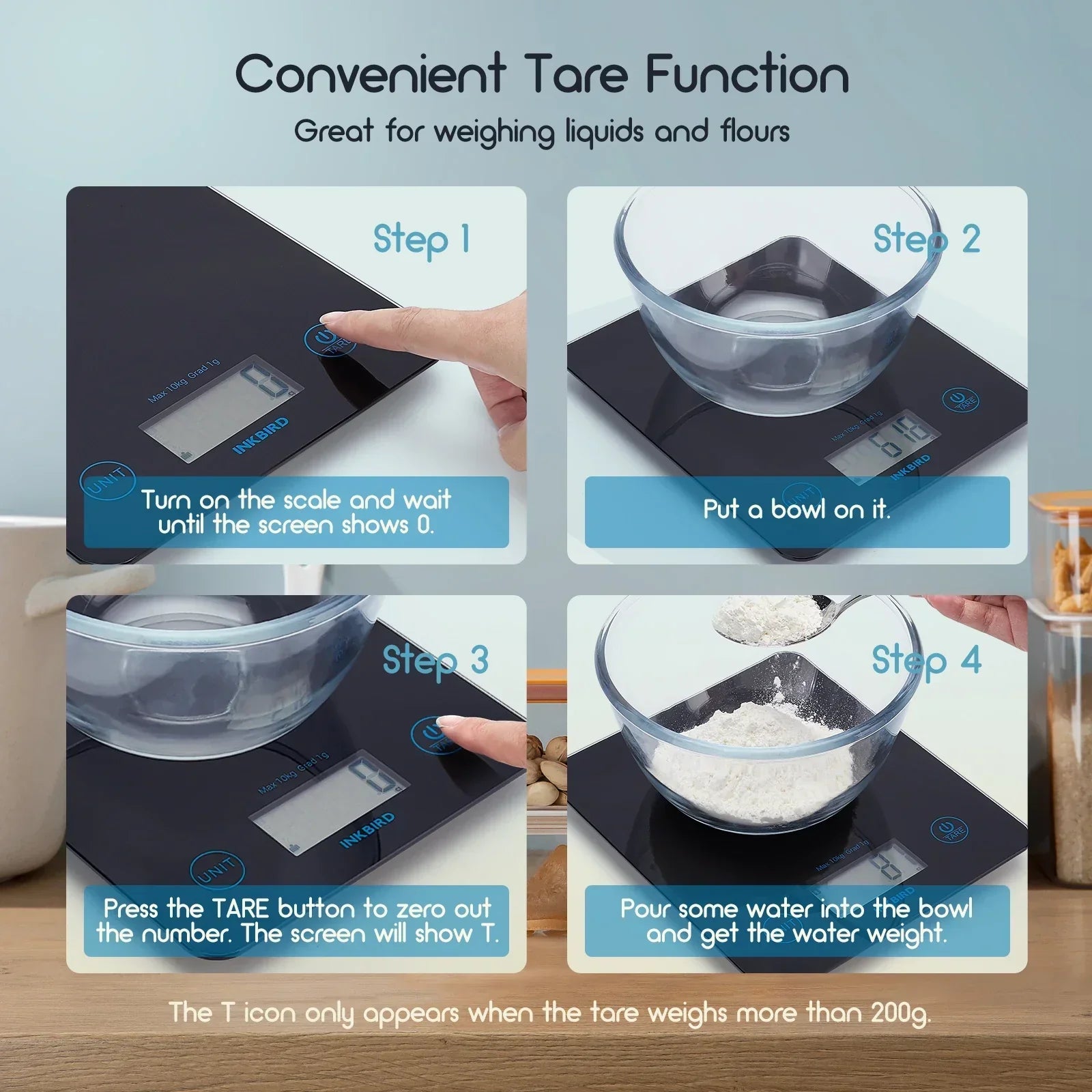 INKBIRD Smart Food Scale with tare function for precise weighing of liquids and flours.