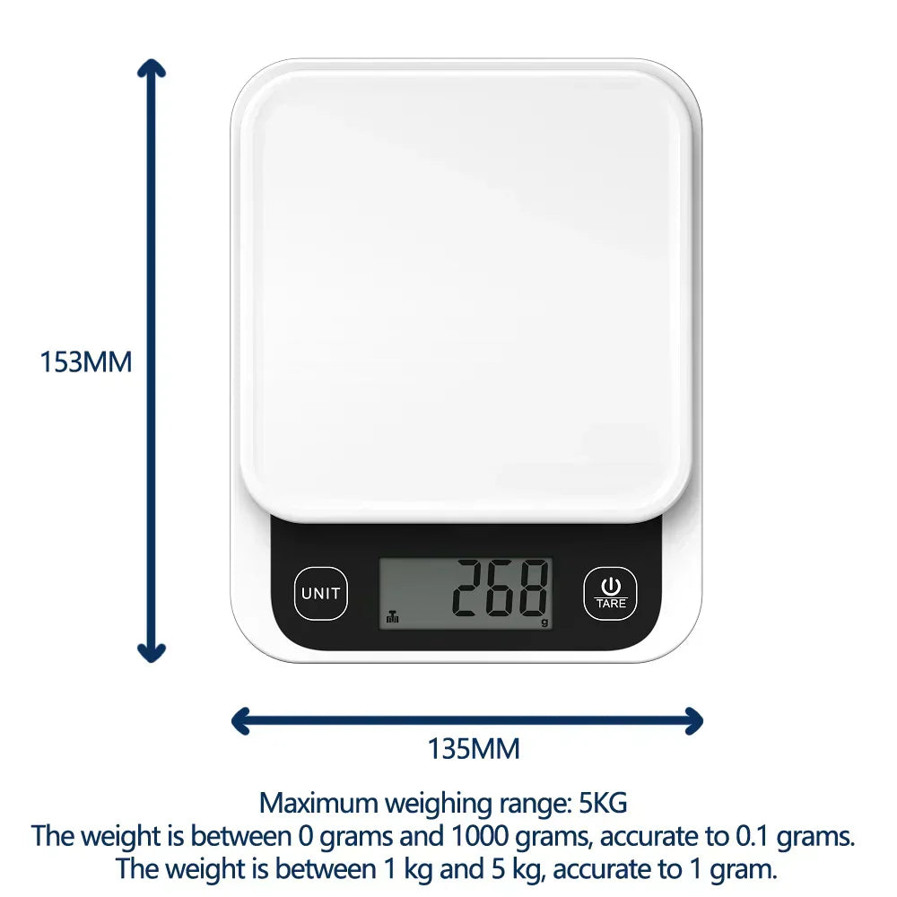 Smart nutrition scale with digital display for precise calorie tracking, CE and RoHS certified, 5kg capacity.