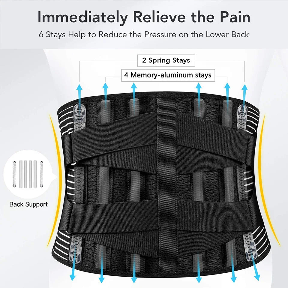 Orthopedic lumbar support brace with 6 stabilizing stays, anti-skid design, and breathable fabric for pain relief.