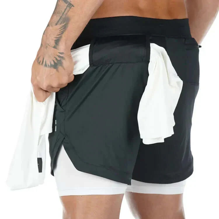 Men's camo 2-in-1 running shorts with quick-dry fabric, shown with functional pockets and elastic waistband, perfect for gym workouts and running.