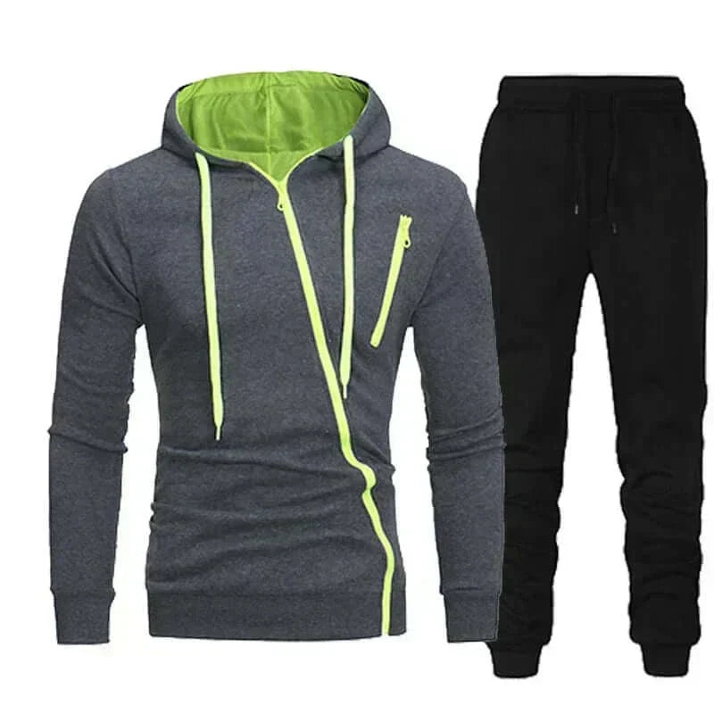 Men's stylish hooded tracksuit, 2-piece set for fall/winter, zip-up jogger, elastic waist, applique design.