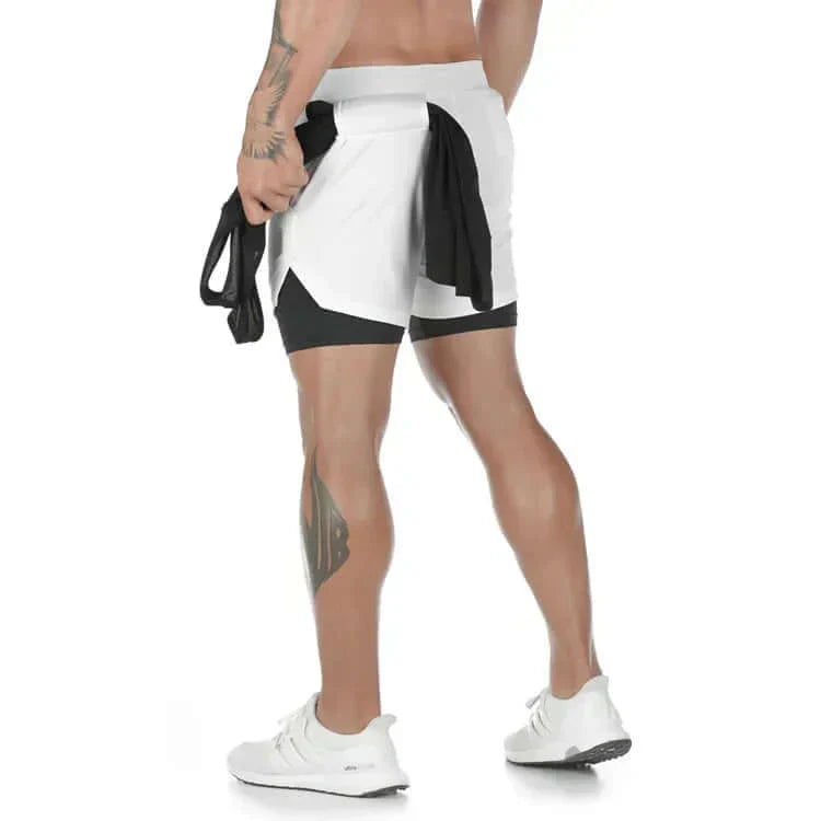 Men's camo 2-in-1 running shorts, quick-dry gym workout gear, featuring trendy design and functional pockets.