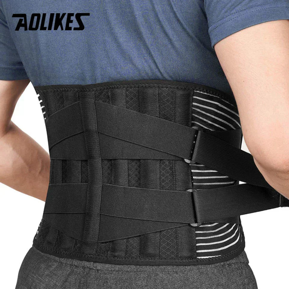 Orthopedic lumbar support brace with 6 stabilizing stays for back pain relief and posture support.