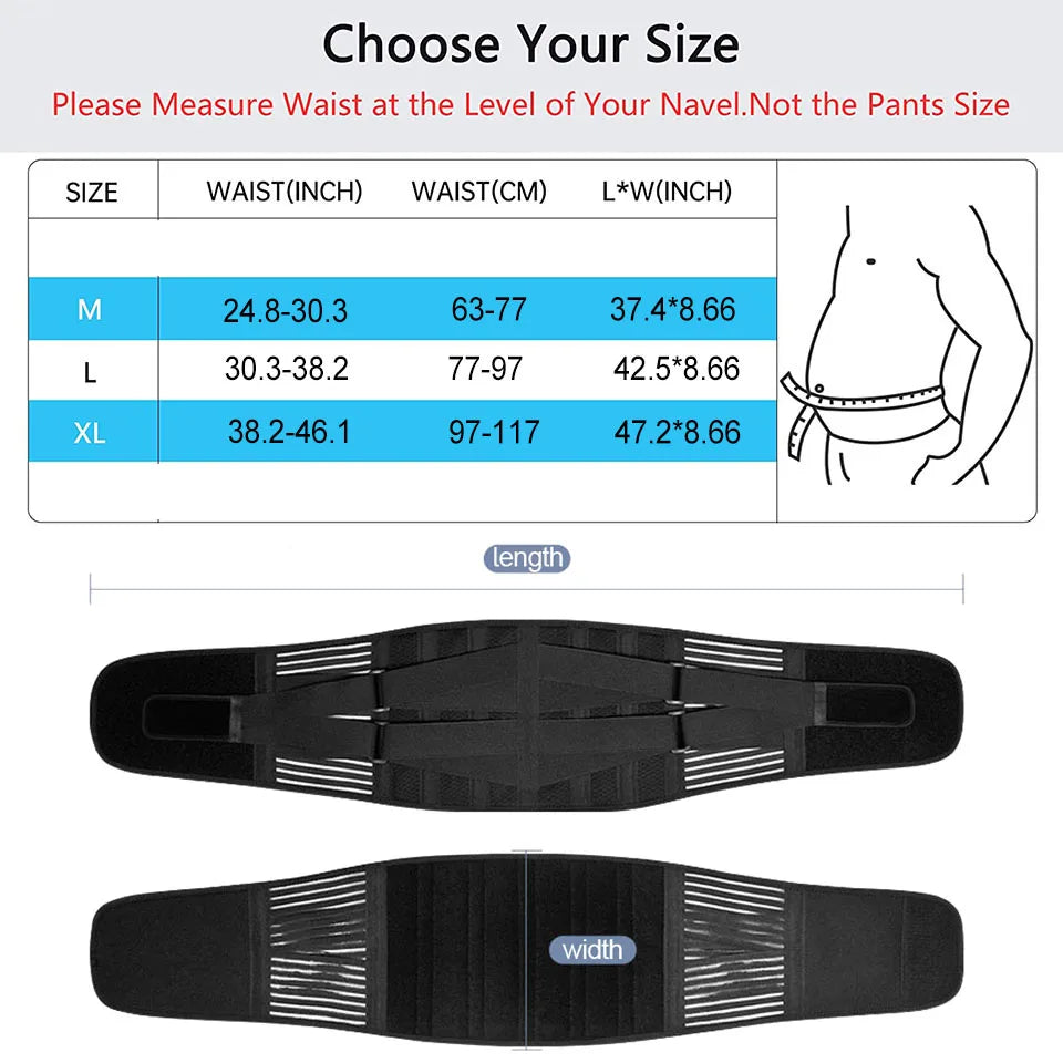 Orthopedic lumbar support brace with 6 stabilizing stays and size chart illustration.