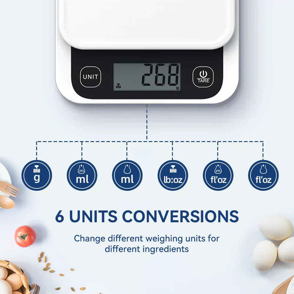 Smart nutrition scale with digital display and unit conversion options for precise food measurement.