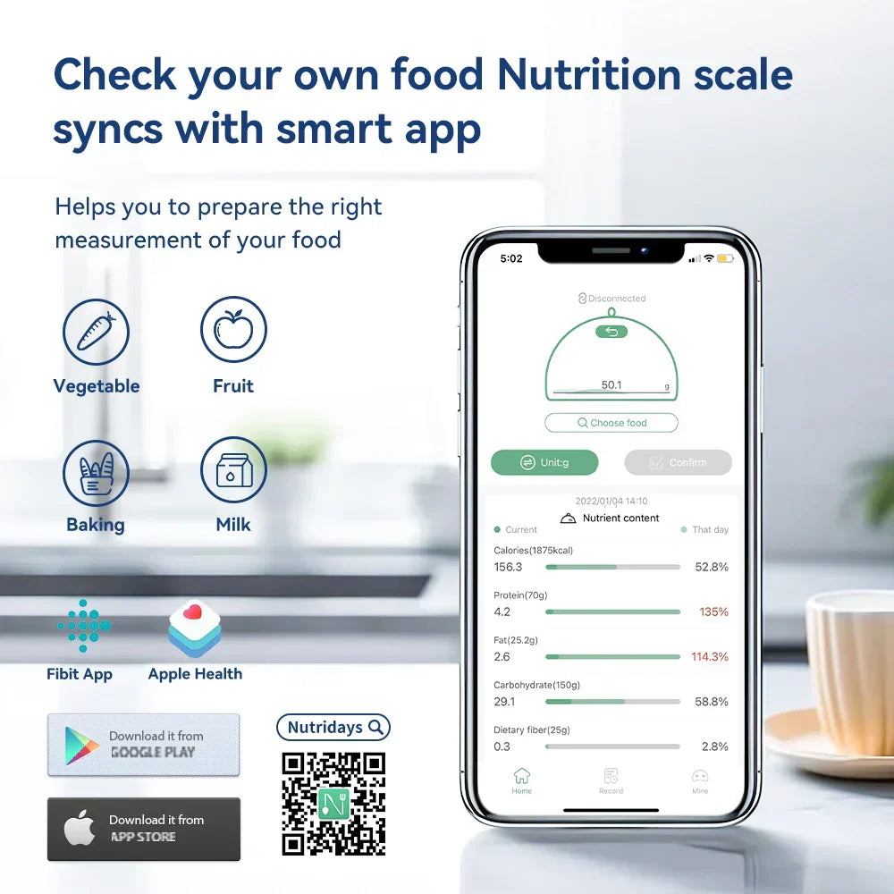 Smart nutrition scale syncing with app for precise food measurement.
