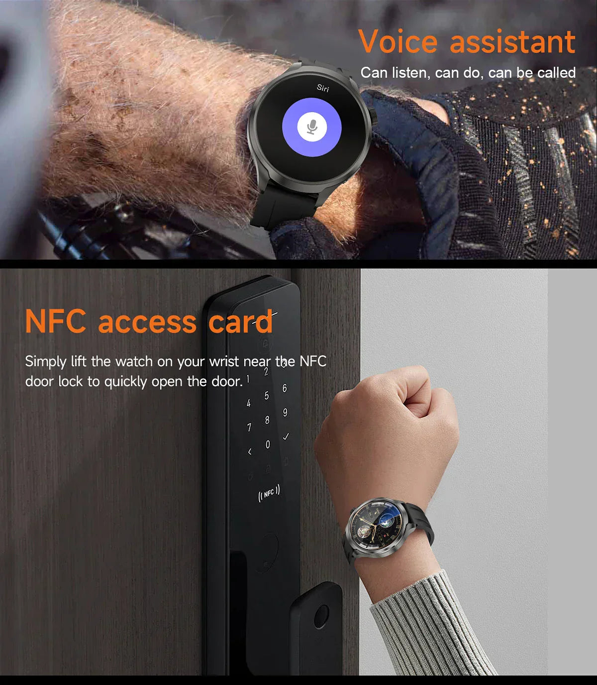 Men's smartwatch with NFC for access and voice assistant functionality.