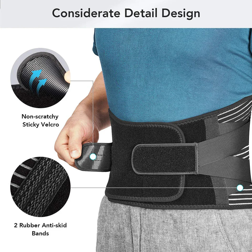Orthopedic lumbar support brace with 6 stabilizing stays and anti-skid design for back support and pain relief.