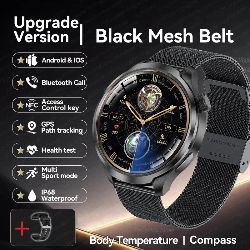 UltraFit Pro 2024 Men's Smartwatch with NFC, health monitoring, black mesh belt, Android & iOS compatibility, Bluetooth, GPS, IP68 waterproof.
