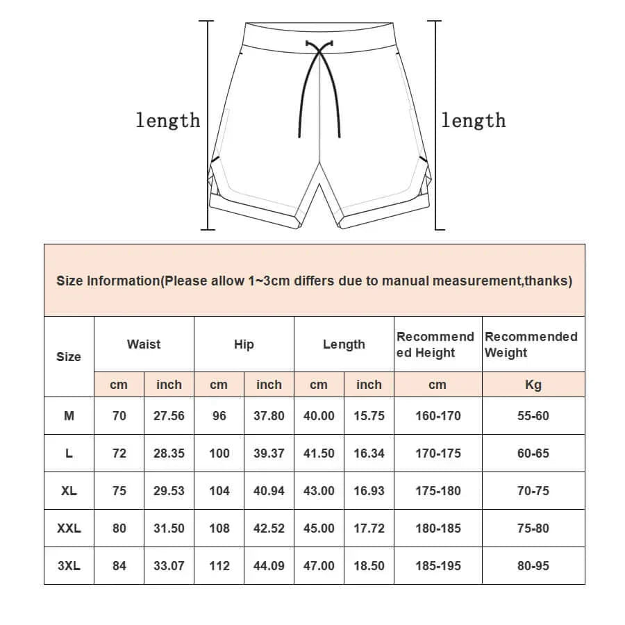 Men's camo 2-in-1 running shorts size chart with waist, hip, and length measurements.