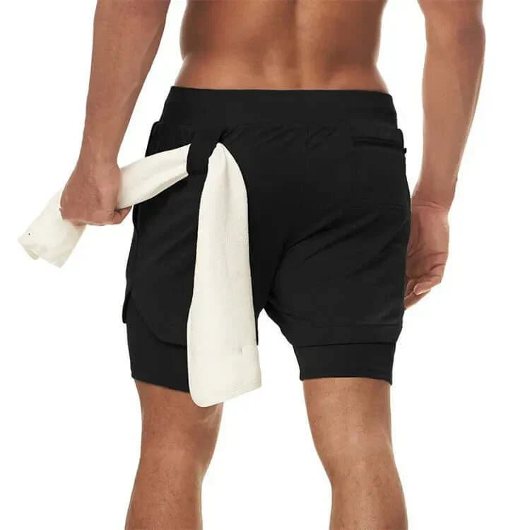 Men's camo 2-in-1 running shorts, quick dry gym workout gear, rear view.