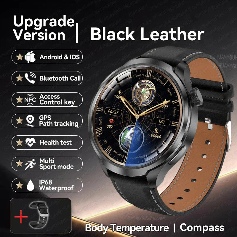 UltraFit Pro 2024 Men's Smartwatch with NFC, GPS, health monitoring, black leather strap, AMOLED display.