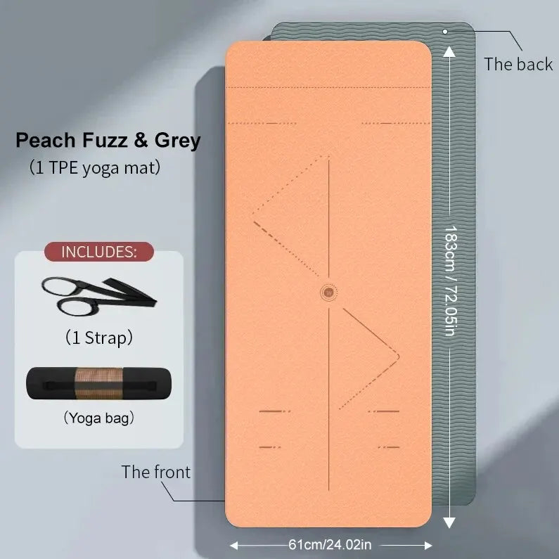 WESTTUNE Yoga Mat, non-slip eco-friendly fitness mat with anti-tear design, includes strap and bag, in peach fuzz and grey, dimensions 183cm x 61cm.