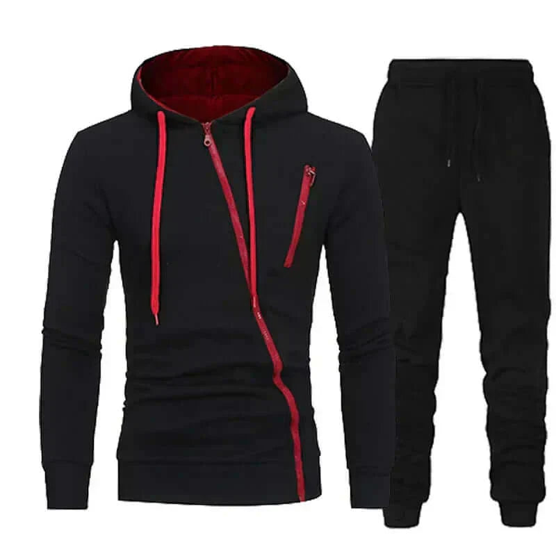 Men’s stylish hooded tracksuit for fall/winter, 2-piece set, black with red accents, zip-up hoodie, polyester fabric.