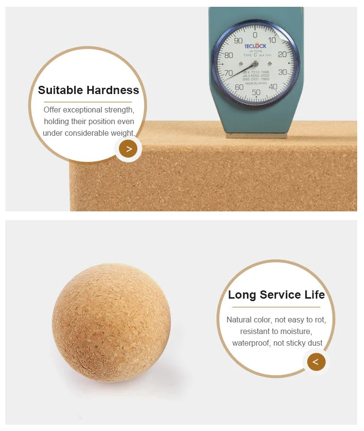 Eco-friendly massage ball and cork yoga block set with embossed logo, featuring durability and stability benefits.