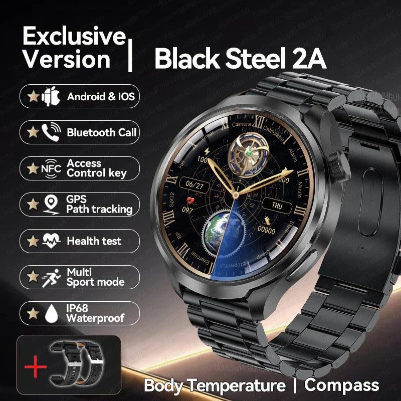 UltraFit Pro 2024 Men's Smartwatch with NFC, GPS, health monitoring; black steel design, AMOLED display.